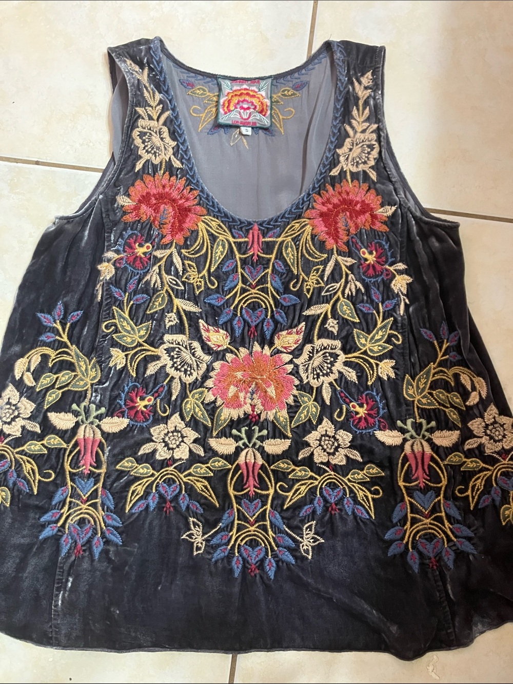 Johnny Was Black Velvet Embroidered Floral Tank